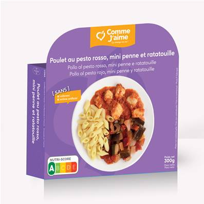 Poulet au pesto rosso , mini penne et ratatouille