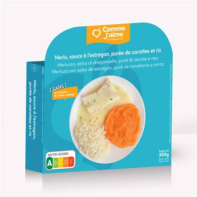 Merlu sauce à l'estragon, purée de carottes et riz