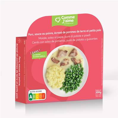 Porc sauce au poivre, écrasé de pommes de terre et petits pois